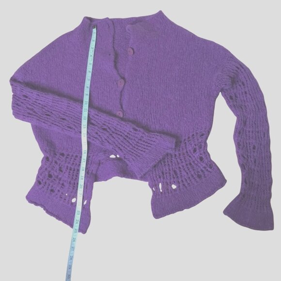 Hand Knit Cotton Blend Cardigan Purple Boho Gallery Asymmetrical Bell Sleeve M - Picture 6 of 7